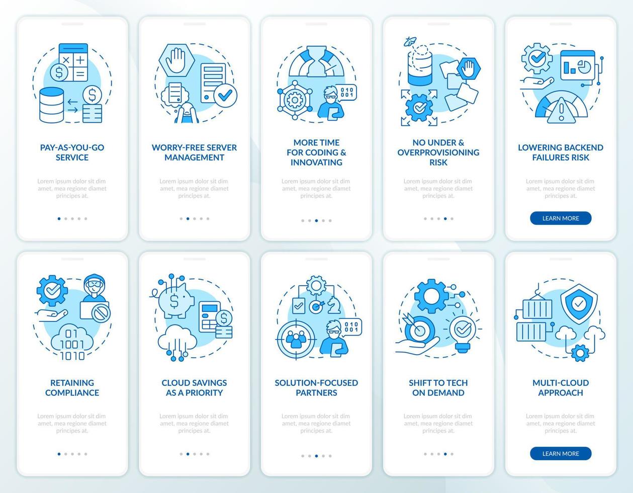 Cloud computing innovations blue onboarding mobile app screen set. Walkthrough 5 steps editable graphic instructions with linear concepts. UI, UX, GUI template. Myriad Pro-Bold, Regular fonts used vector