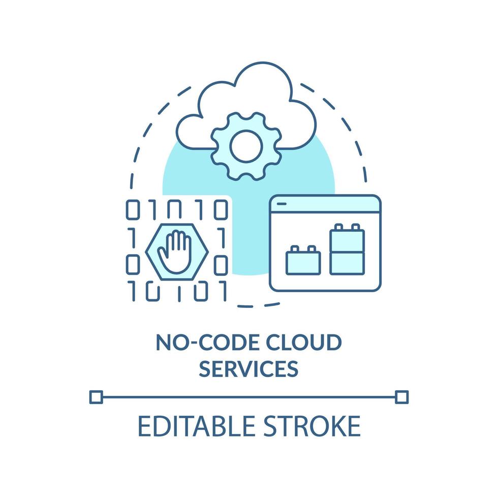 No-code cloud services turquoise concept icon. Cloud computing trends abstract idea thin line illustration. Isolated outline drawing. Editable stroke. Arial, Myriad Pro-Bold fonts used vector
