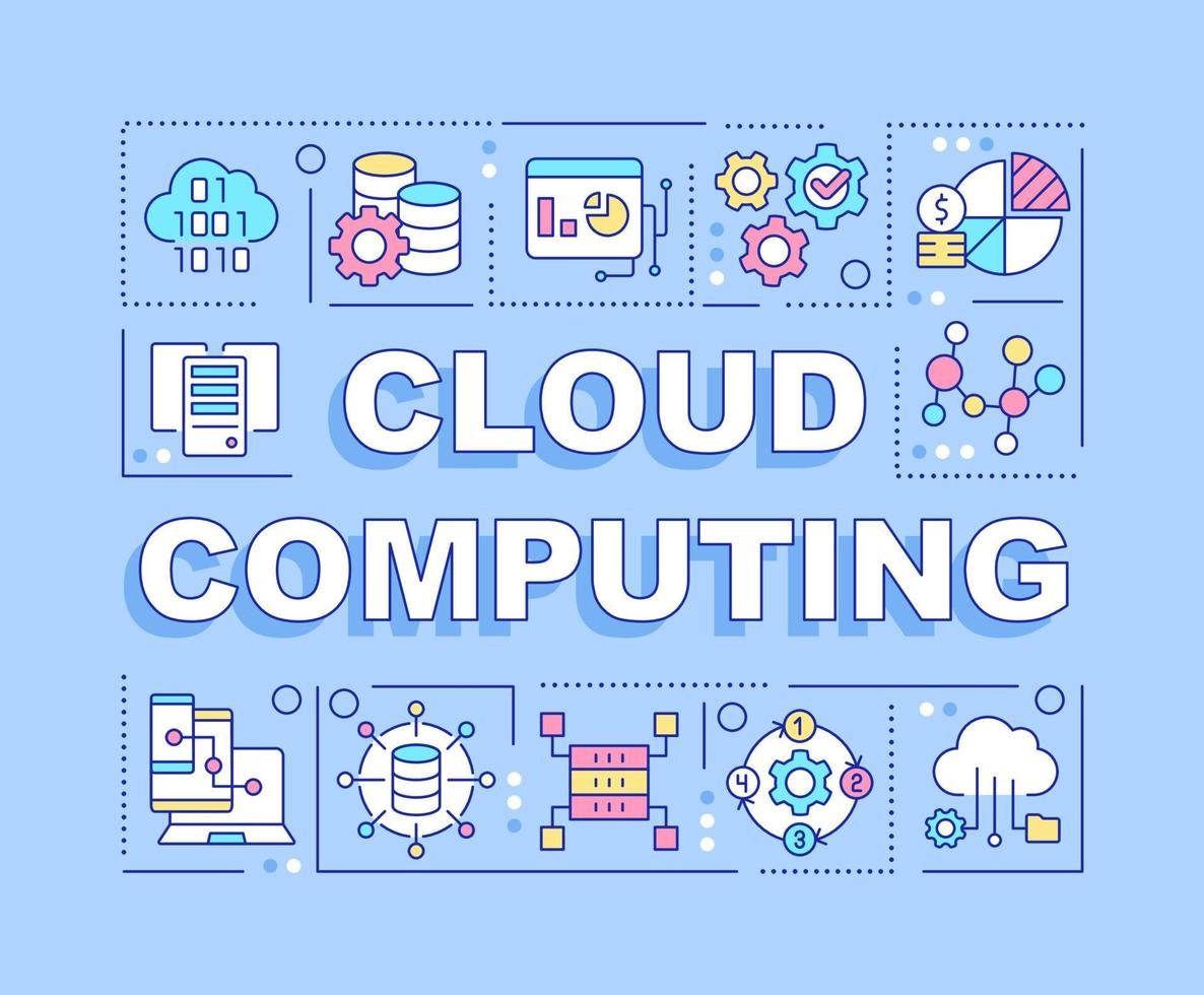 Conceptos de palabras de computación en la nube banner azul claro. almacenamiento sin servidor. infografías con iconos editables sobre fondo de color. tipografía aislada. ilustración vectorial con texto. fuente arial-black utilizada vector