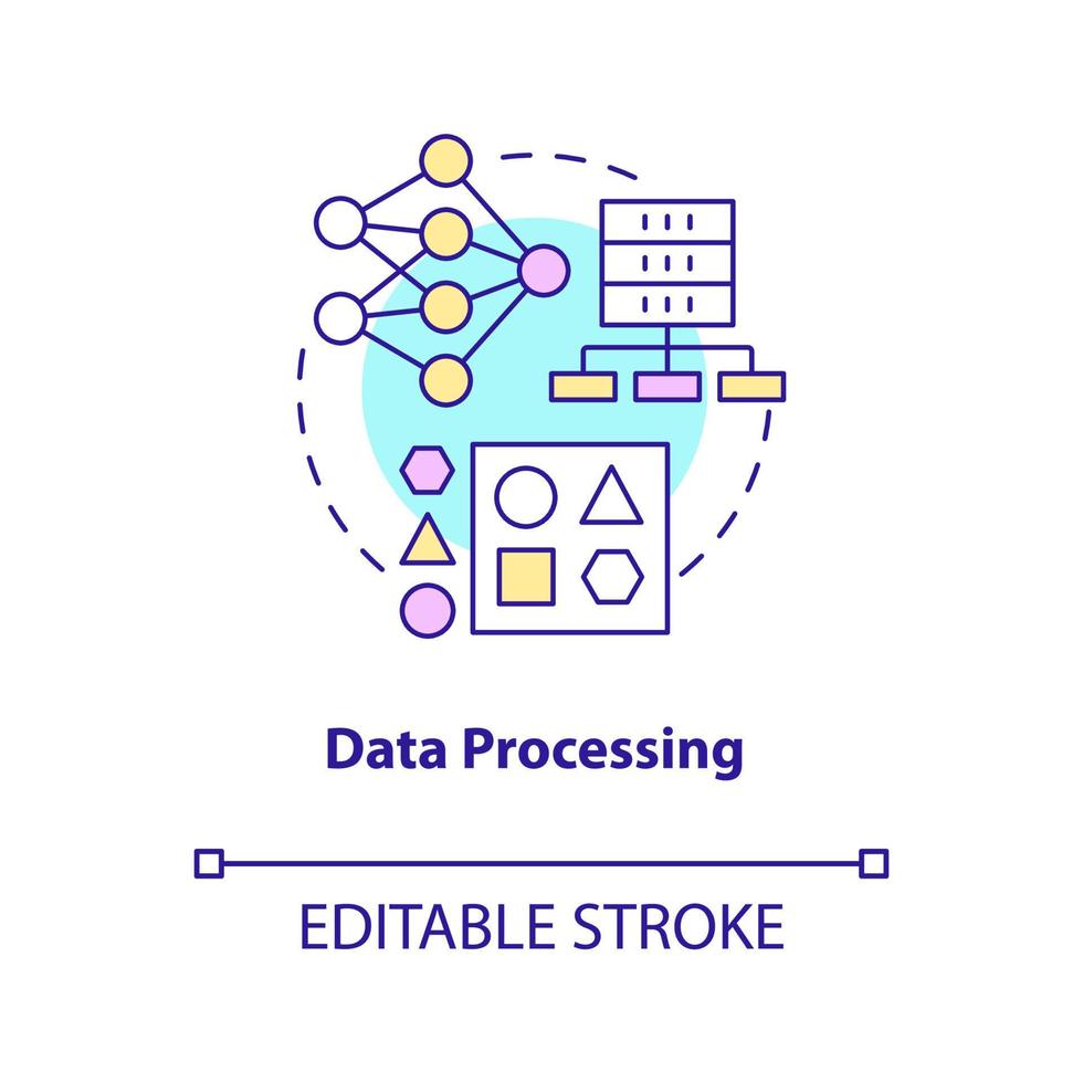 Data processing concept icon. Virtual operation. Work with digital information stage abstract idea thin line illustration. Isolated outline drawing. Editable stroke. Arial, Myriad Pro-Bold fonts used vector