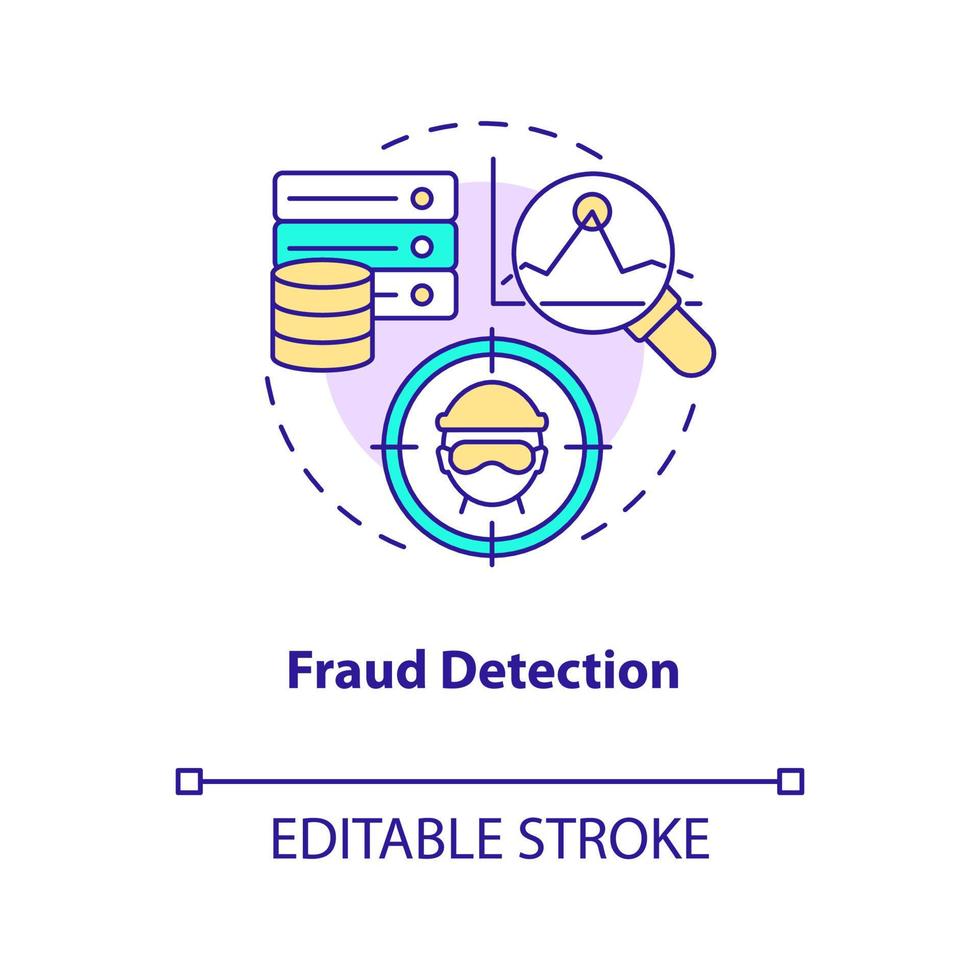 icono del concepto de detección de fraude. ai y solución de ciencia de datos para ilustración de línea delgada de idea abstracta de negocio. dibujo de contorno aislado. trazo editable. arial, innumerables fuentes pro-bold utilizadas vector