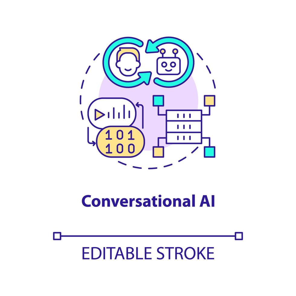 Conversational AI concept icon. Data science solution for business abstract idea thin line illustration. Isolated outline drawing. Editable stroke. Arial, Myriad Pro-Bold fonts used vector