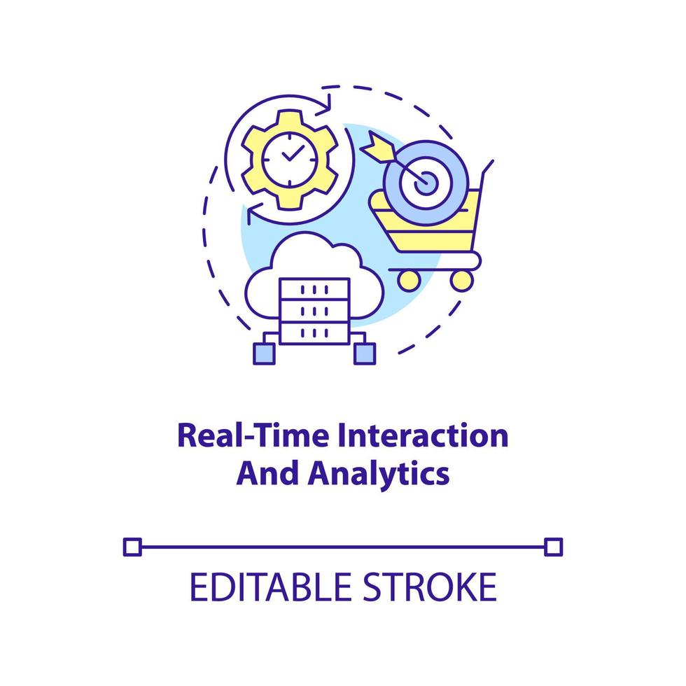 Real time interaction and analytics concept icon. Data science in marketing abstract idea thin line illustration. Isolated outline drawing. Editable stroke. Arial, Myriad Pro-Bold fonts used vector