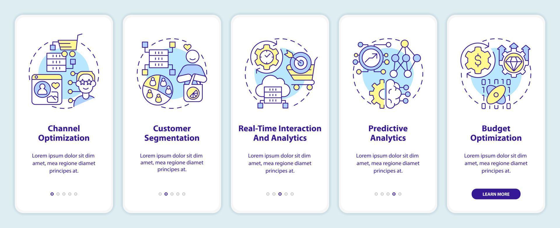 ciencia de datos en la pantalla de aplicaciones móviles de incorporación de marketing. tutorial de negocios 5 pasos instrucciones gráficas editables con conceptos lineales. interfaz de usuario, ux, plantilla de interfaz gráfica de usuario. innumerables fuentes pro-negrita y regulares utilizadas vector