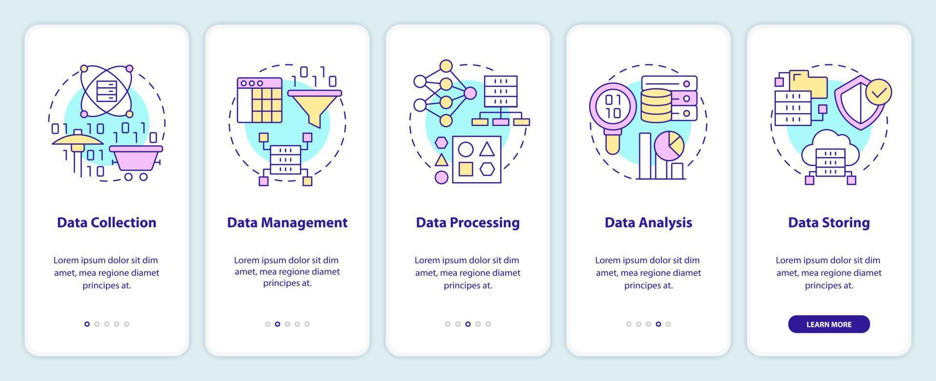 Data processing stages onboarding mobile app screen. Technology walkthrough 5 steps editable graphic instructions with linear concepts. UI, UX, GUI template. Myriad Pro-Bold, Regular fonts used vector