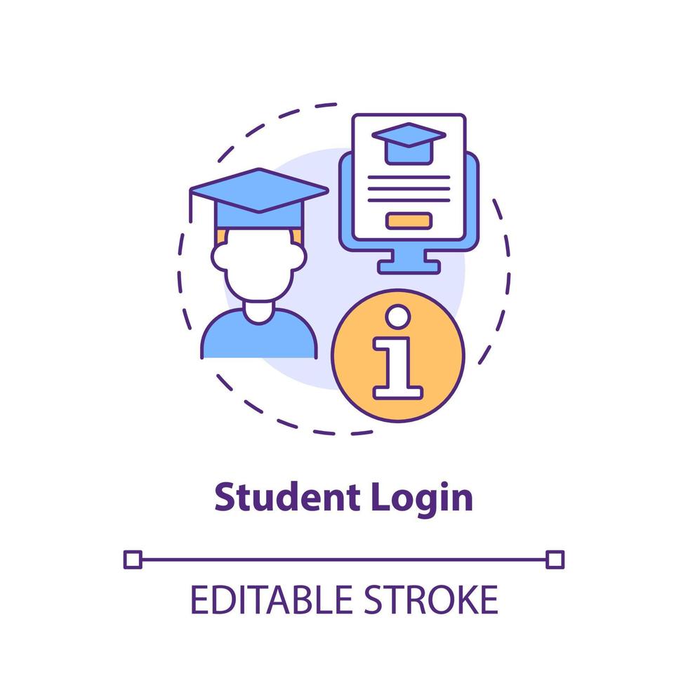 icono de concepto de inicio de sesión de estudiante. materiales para estudiar. sistema de gestión de aprendizaje acceso idea abstracta ilustración de línea delgada. dibujo de contorno aislado. trazo editable. arial, innumerables fuentes pro-bold utilizadas vector