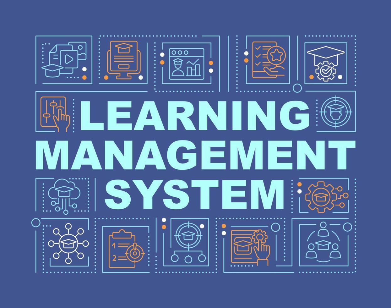 Learning management system word concepts blue banner. Infographics with editable icons on color background. Isolated typography. Vector illustration with text. Arial-Black font used