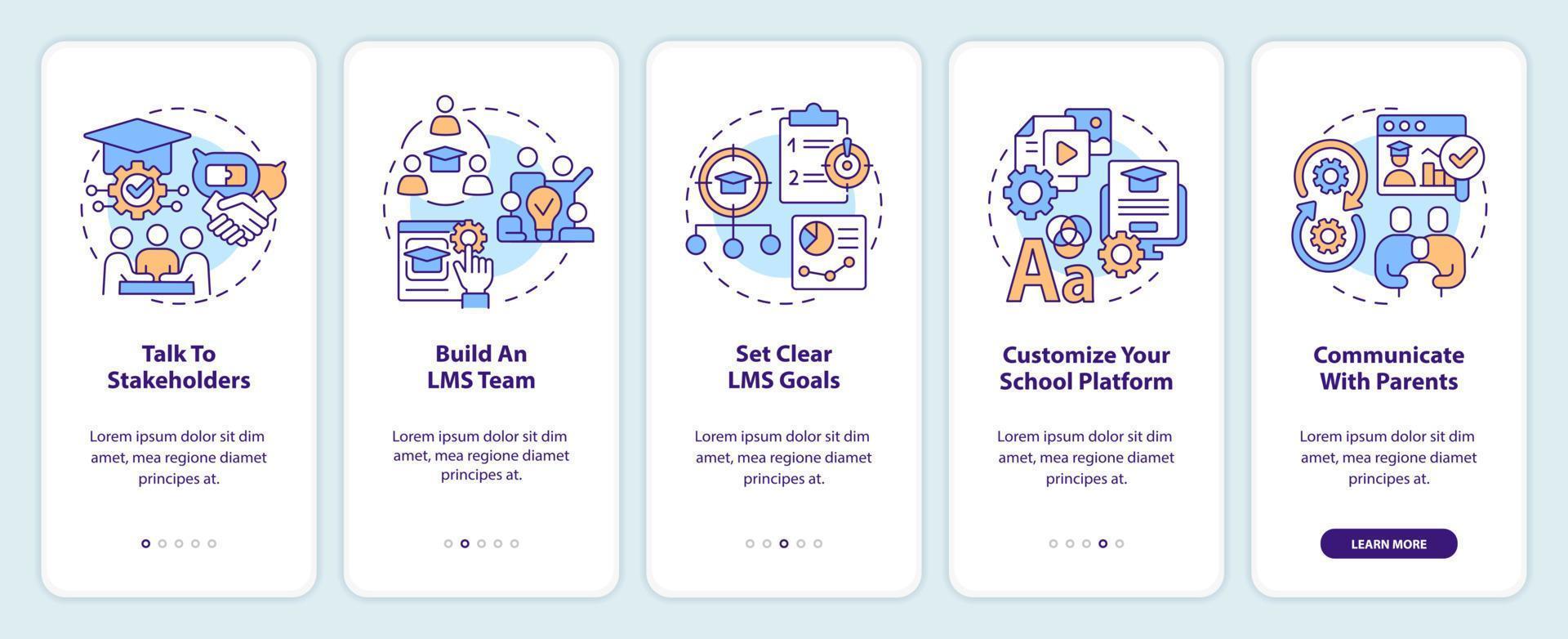 Launching school LMS onboarding mobile app screen. Walkthrough 5 steps editable graphic instructions with linear concepts. UI, UX, GUI template. Myriad Pro-Bold, Regular fonts used vector