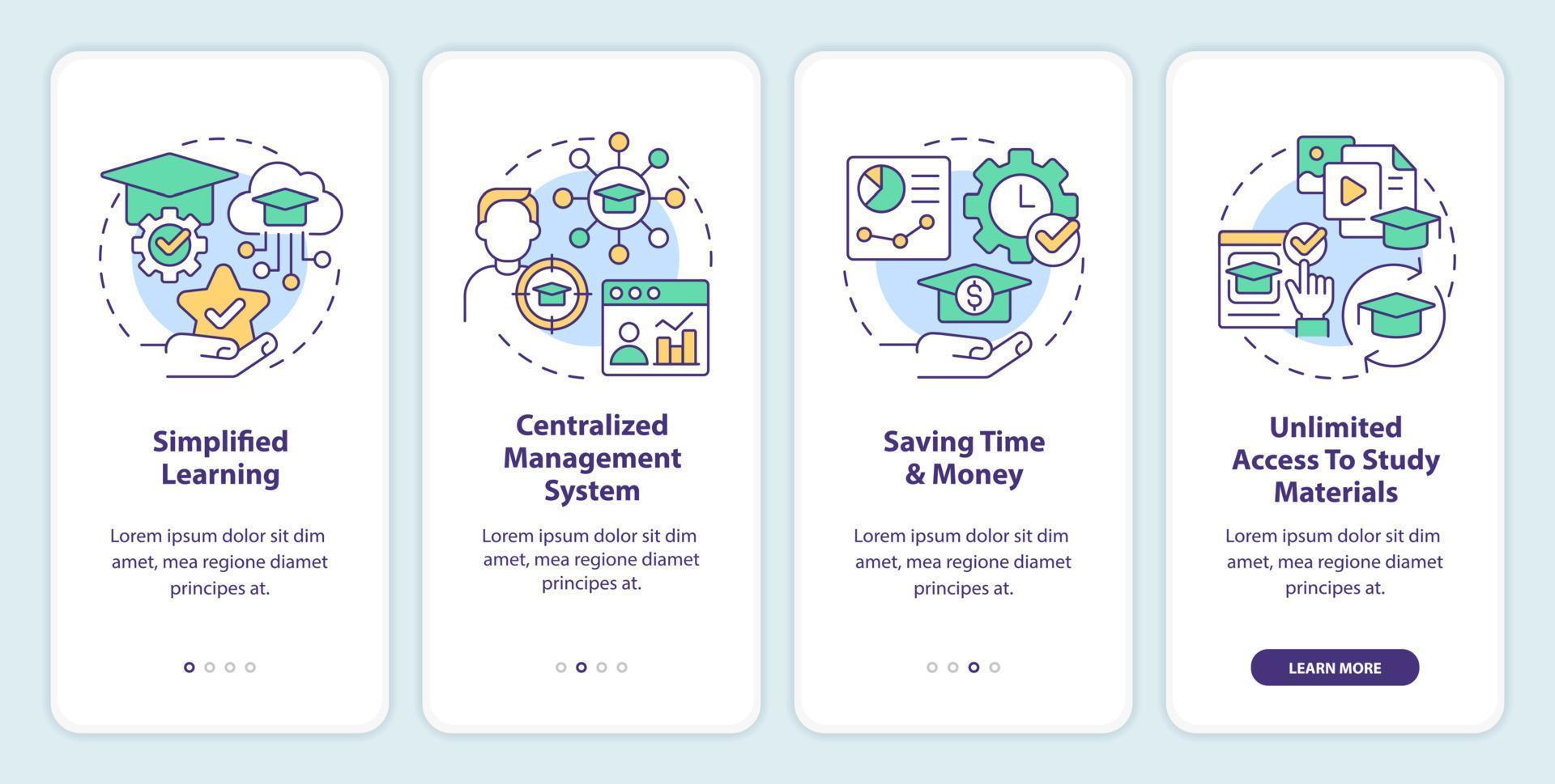 Learning management system benefits onboarding mobile app screen. Walkthrough 4 steps editable graphic instructions with linear concepts. UI, UX, GUI template. Myriad Pro-Bold, Regular fonts used vector