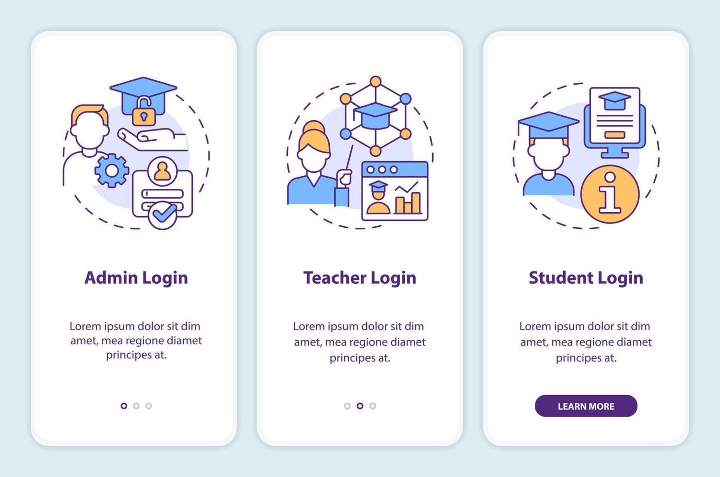 Learning management system access onboarding mobile app screen. Walkthrough 3 steps editable graphic instructions with linear concepts. UI, UX, GUI template. Myriad Pro-Bold, Regular fonts used vector