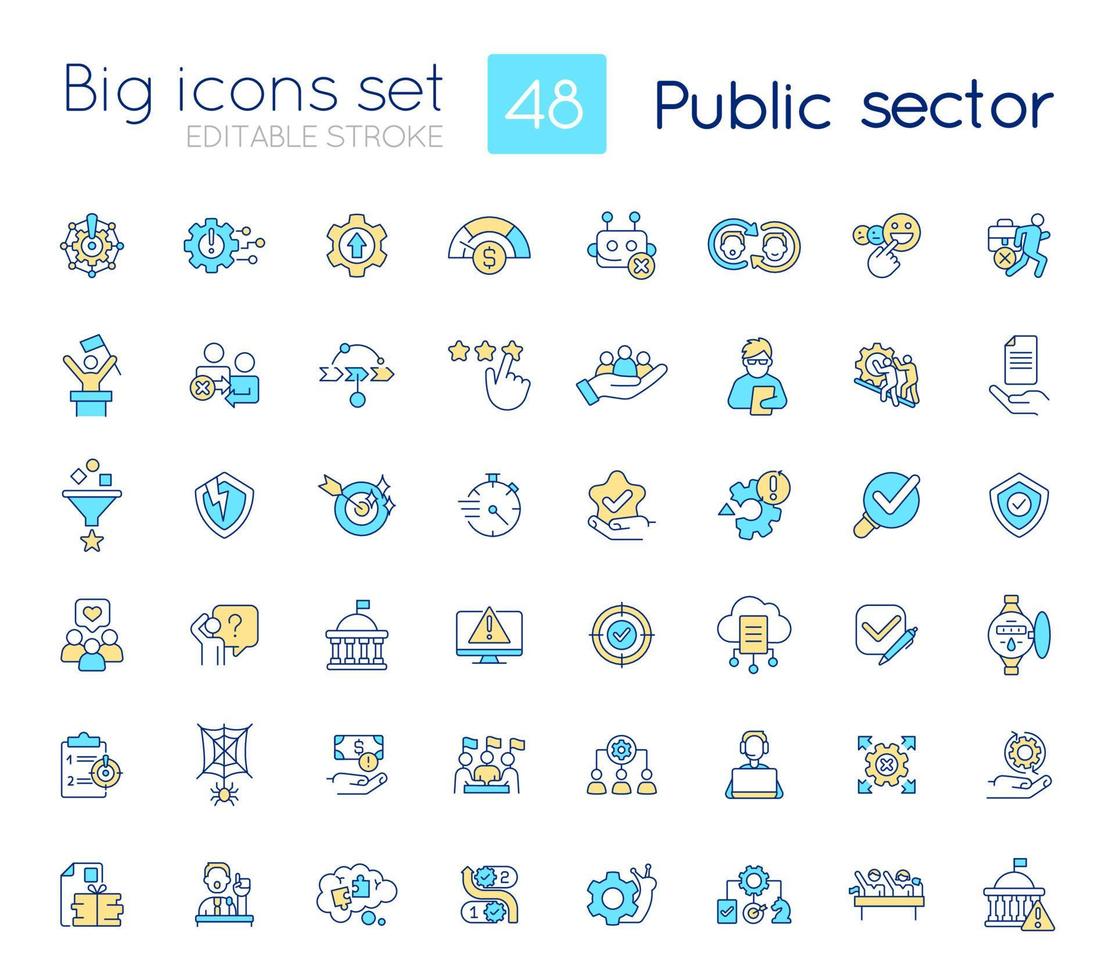 conjunto de iconos de color rgb del sector público. servicios y empresas. Transformación digital del gobierno. ilustraciones vectoriales aisladas. colección de dibujos de líneas llenas simples. trazo editable vector