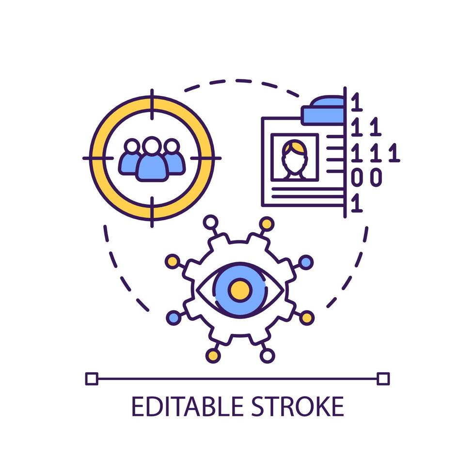 Hyper surveillance concept icon. Monitor group of citizens. Personality detection. Digital system abstract idea thin line illustration. Isolated outline drawing. Editable stroke. Arial font used vector