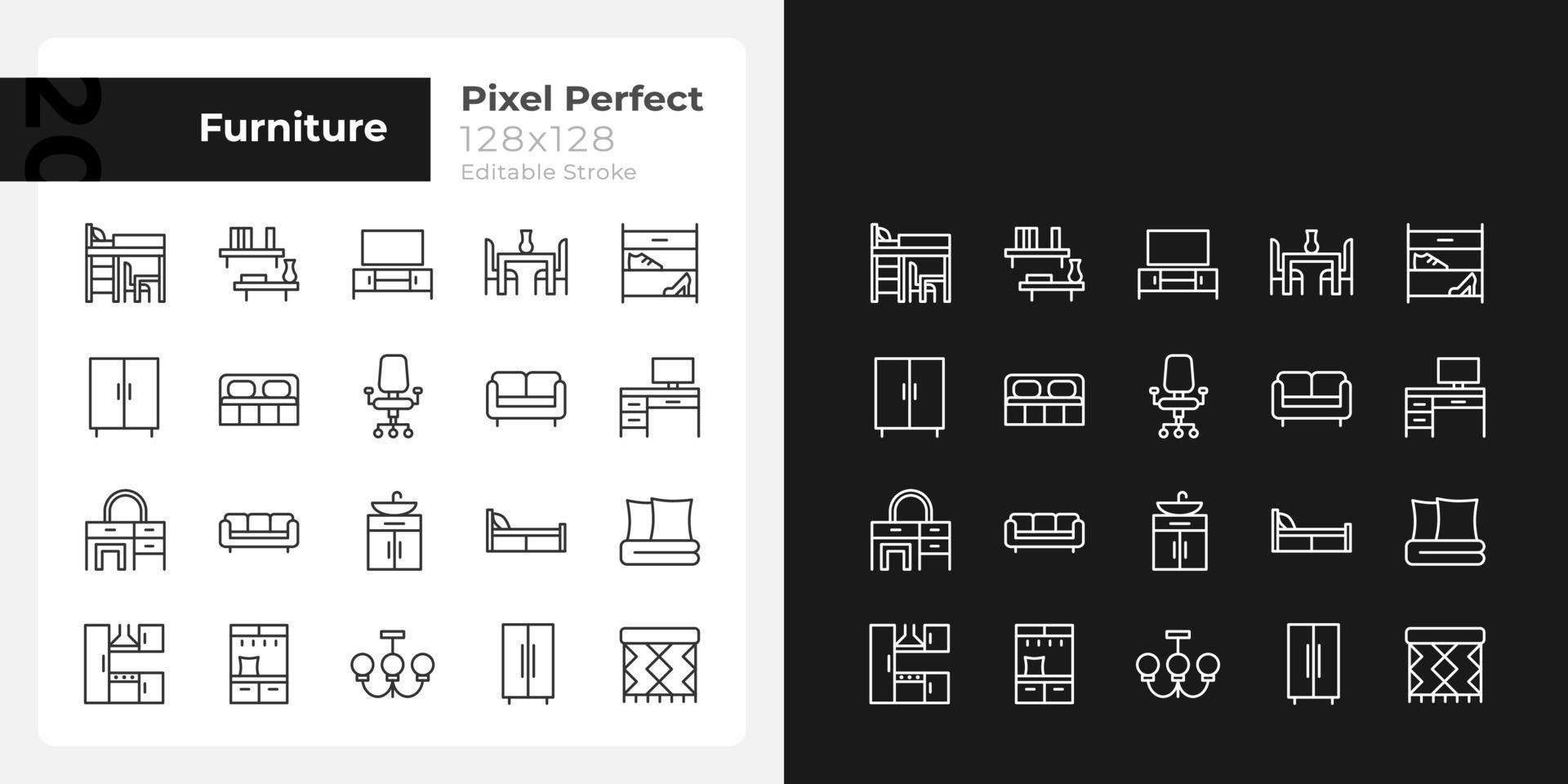 Iconos lineales perfectos de píxeles del departamento de muebles establecidos para el modo oscuro y claro. muebles para sala de estar, dormitorio. artículos para el hogar símbolos de línea delgada para el tema de la noche y el día. ilustraciones aisladas. trazo editable vector