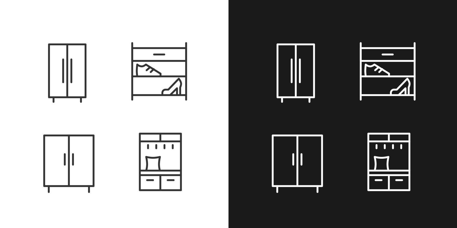 Furniture for clothes and shoes storage pixel perfect linear icons set for dark, light mode. Storage cabinet. Shoe rack. Thin line symbols for night, day theme. Isolated illustrations. Editable stroke vector