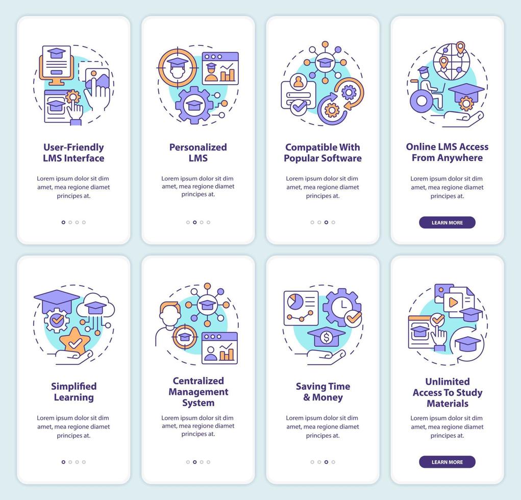 Learning management system onboarding mobile app screen. Walkthrough 4 steps editable graphic instructions with linear concepts. UI, UX, GUI template. Myriad Pro-Bold, Regular fonts used vector