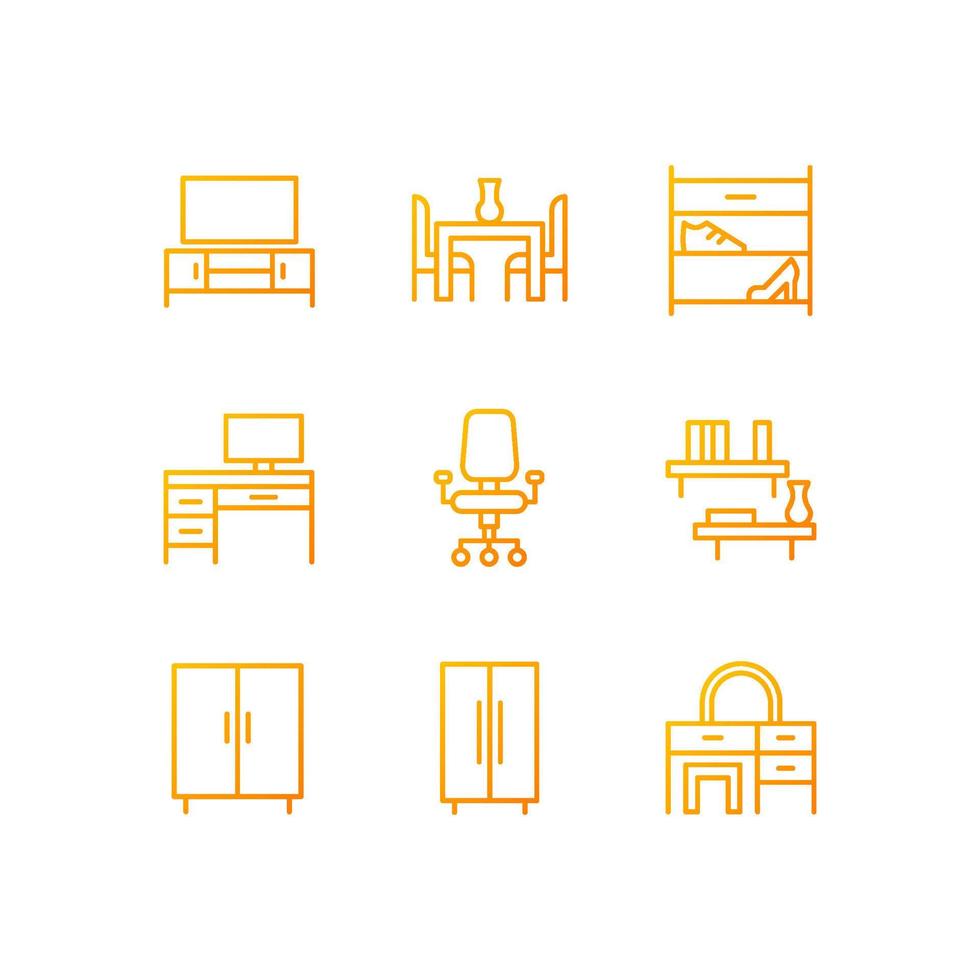 Contemporary furniture for apartment pixel perfect gradient linear vector icons set. Living room and office space. Thin line contour symbol designs bundle. Isolated outline illustrations collection