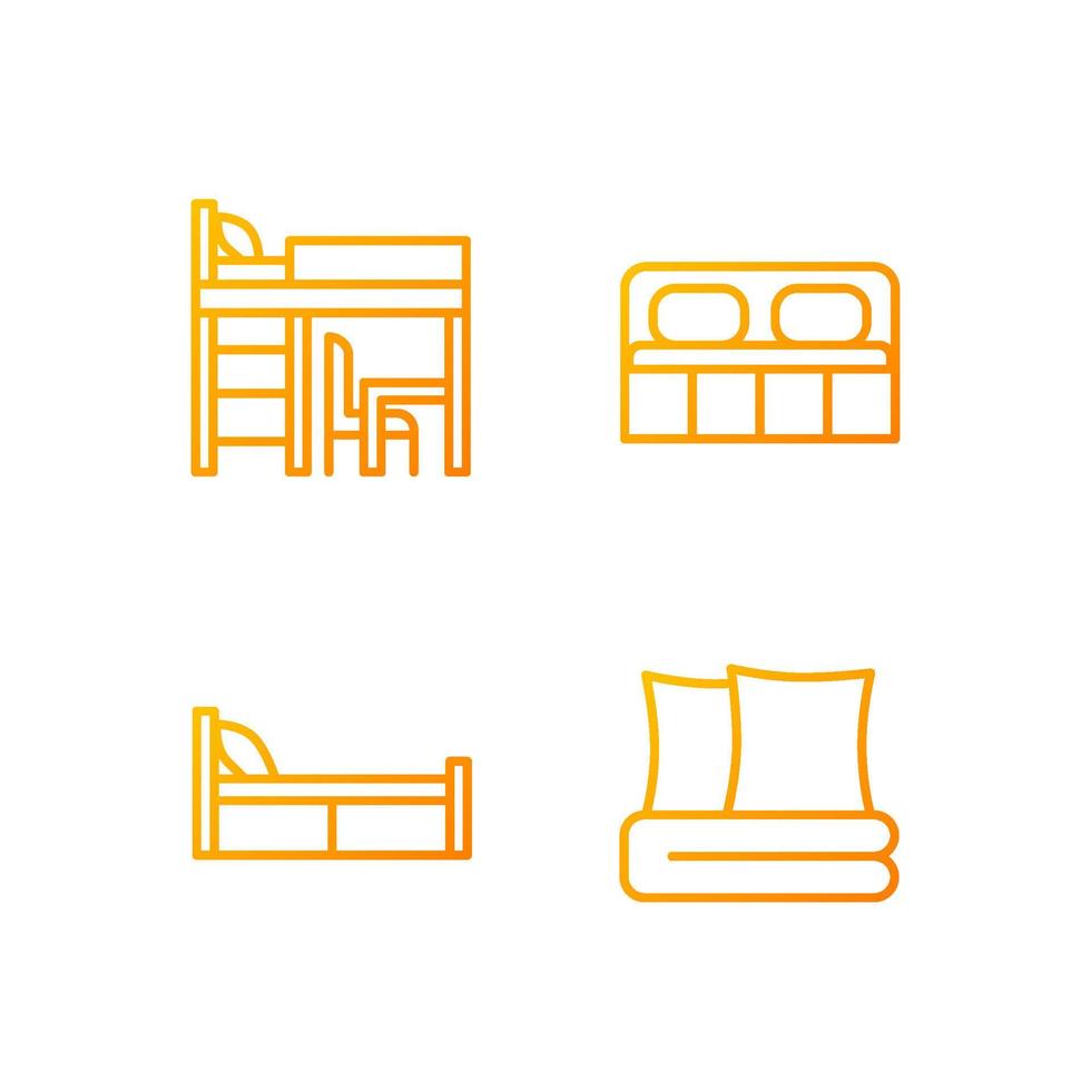 Furniture for home pixel perfect gradient linear vector icons set. Bed, bedclothes. Bedroom decor. House furnishings. Thin line contour symbol designs bundle. Isolated outline illustrations collection