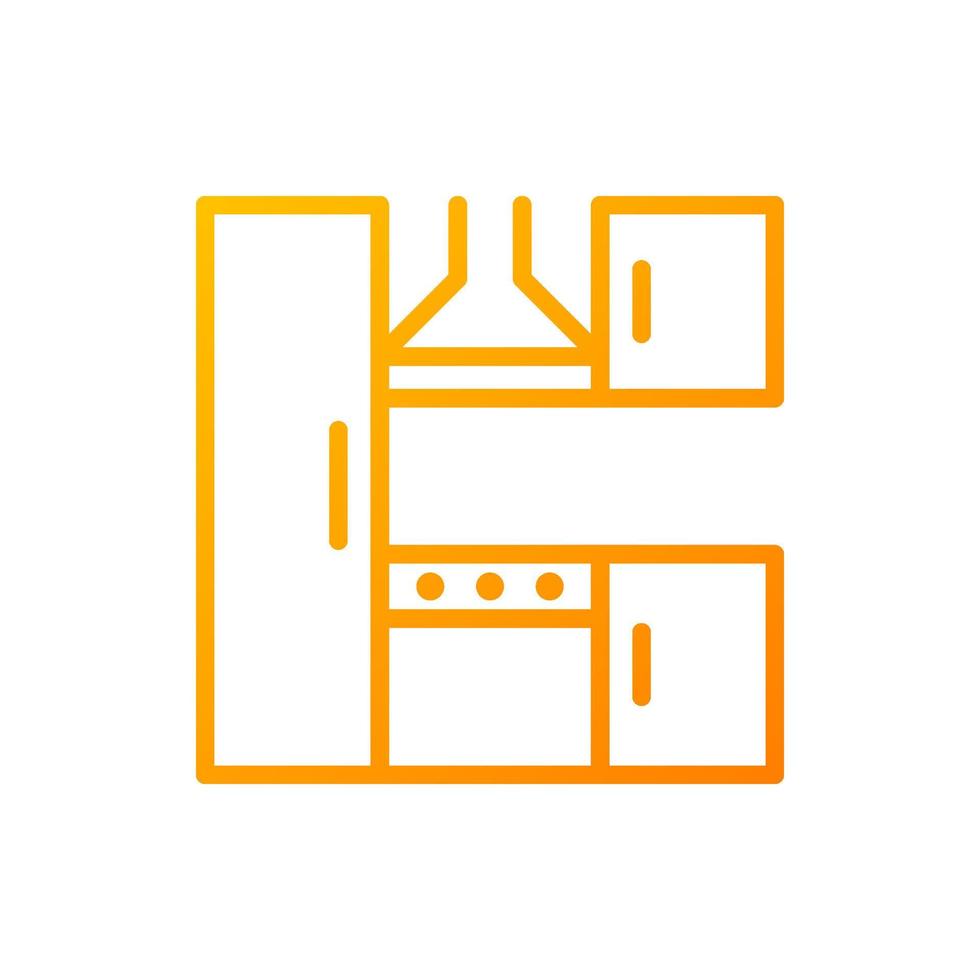 Kitchen set pixel perfect gradient linear vector icon. Countertops and appliances. Refrigerator, stove. Furniture store. Thin line color symbol. Modern style pictogram. Vector isolated outline drawing