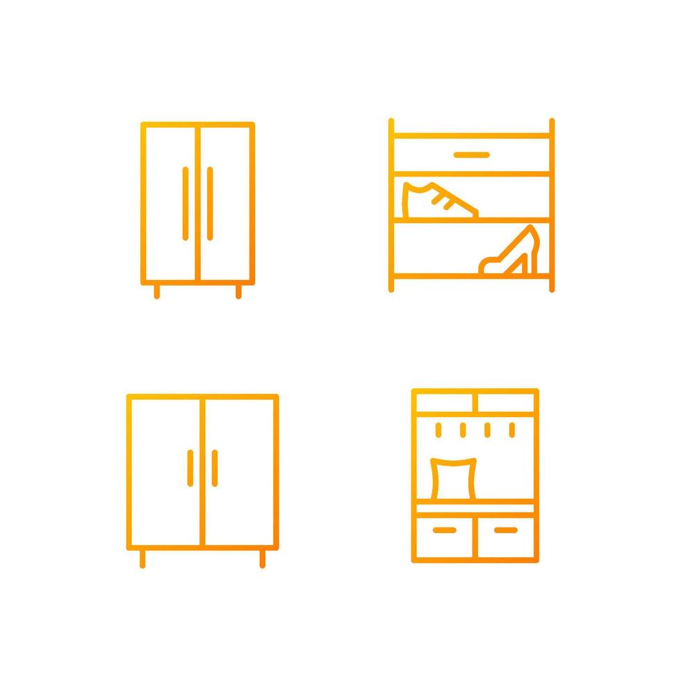 Furniture for clothes and shoes storage pixel perfect gradient linear vector icons set. Storage cabinet. Shoe rack. Thin line contour symbol designs bundle. Isolated outline illustrations collection