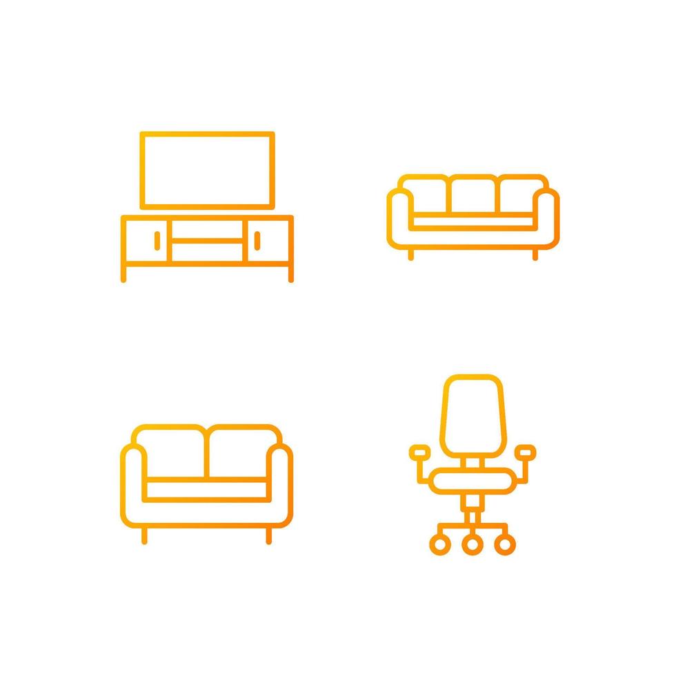 Furniture store pixel perfect gradient linear vector icons set. Furnishing for living room and home office. Thin line contour symbol designs bundle. Isolated outline illustrations collection