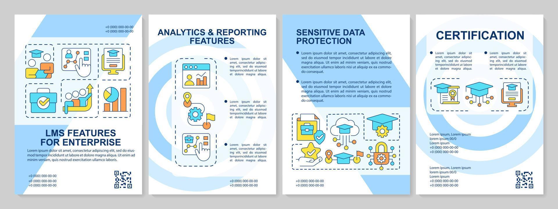LMS features for enterprise brochure template. Leaflet design with linear icons. Editable 4 vector layouts for presentation, annual reports. Arial-Black, Myriad Pro-Regular fonts used