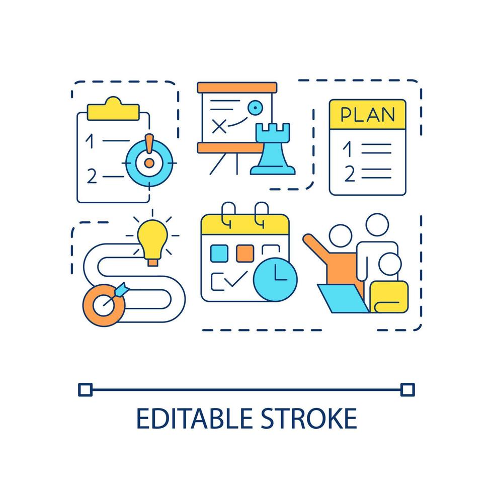 crear un icono de concepto de estrategia empresarial exitoso. impulso de arranque. plan de desarrollo corporativo idea abstracta ilustración de línea delgada. dibujo de contorno aislado. trazo editable. fuente arial utilizada vector