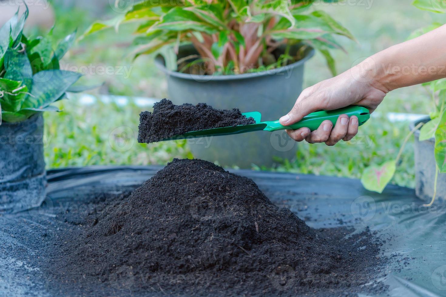 Preparation of soil mixture from fertile compost, humus and vermiculite on  black garbage bag floor in garden. Mixing the soil components for the preparation of the substrate for transplanting plants. photo