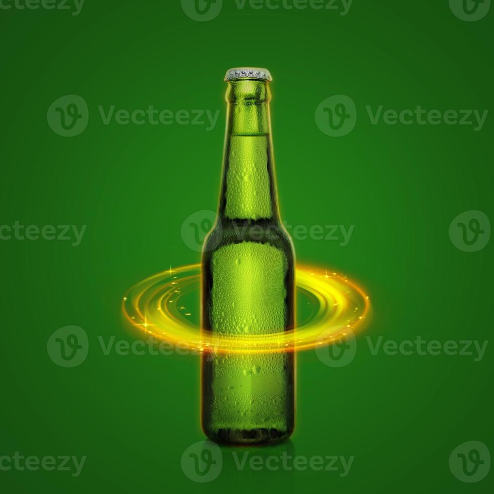 Beer bottle with water drops. of light abstract design background.3d render photo