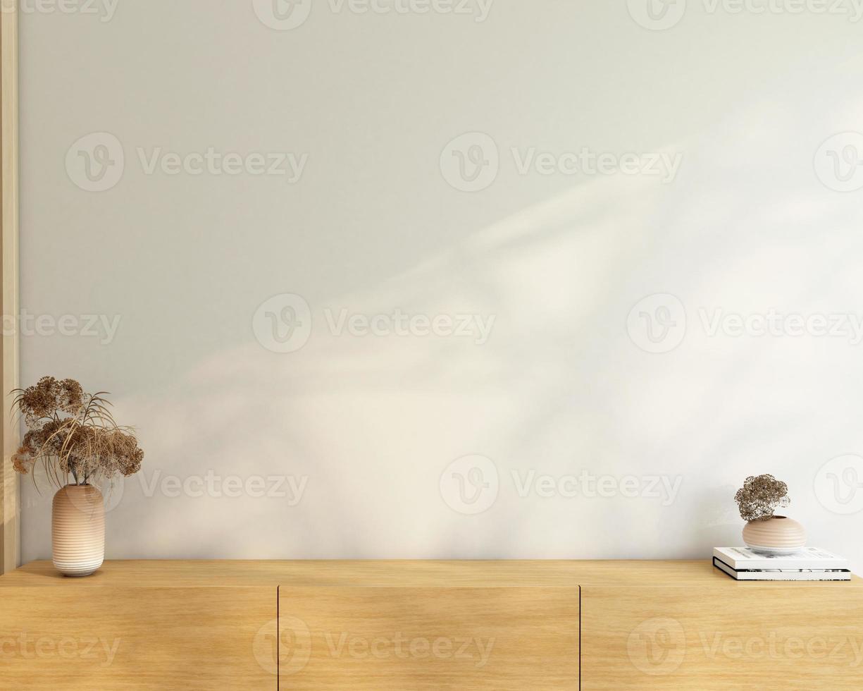 Minimalist room decorated with wood tv cabinet and wood slat wall. 3d rendering photo