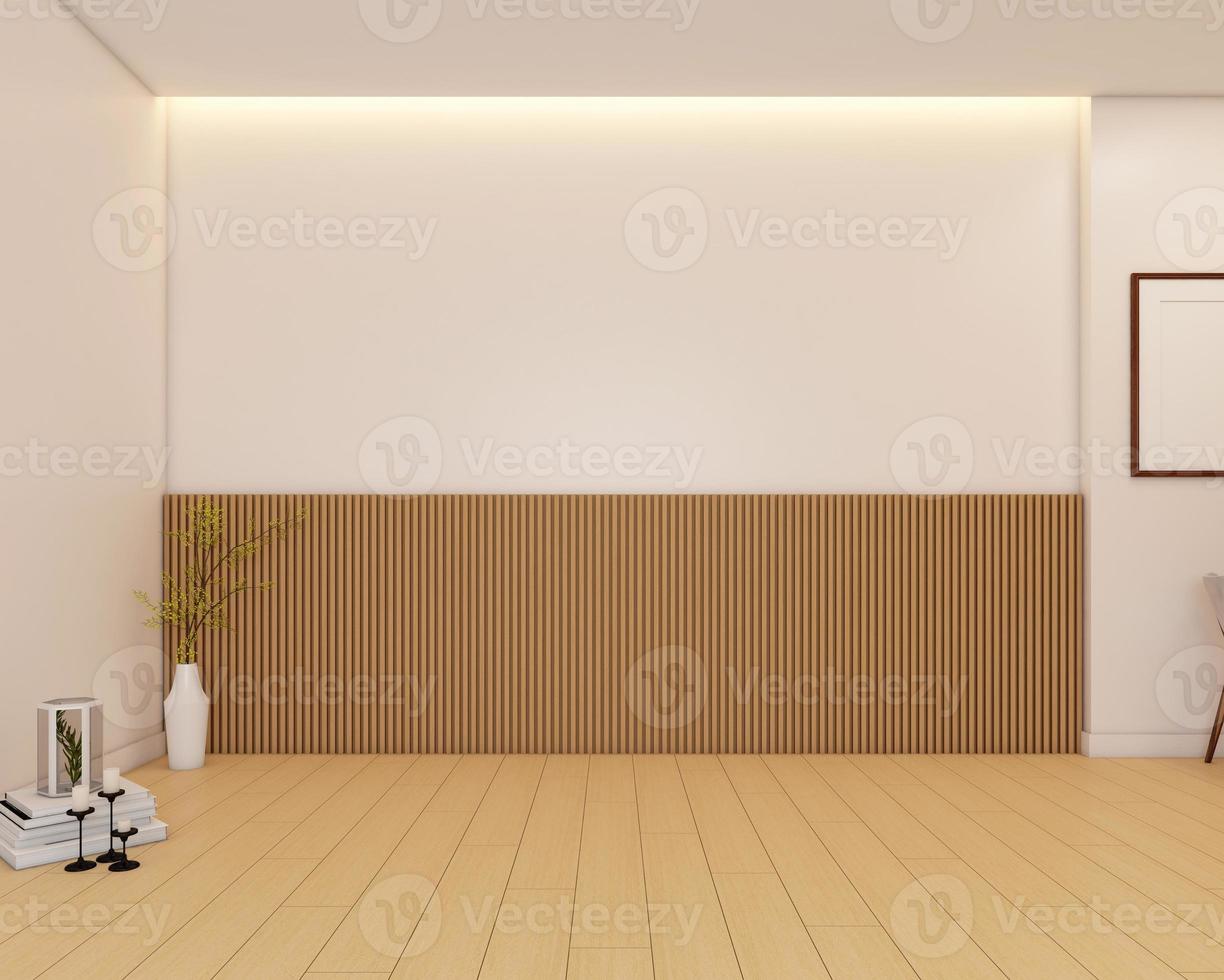 Empty room decorated with wood floor and wood slat wall. 3d rendering photo