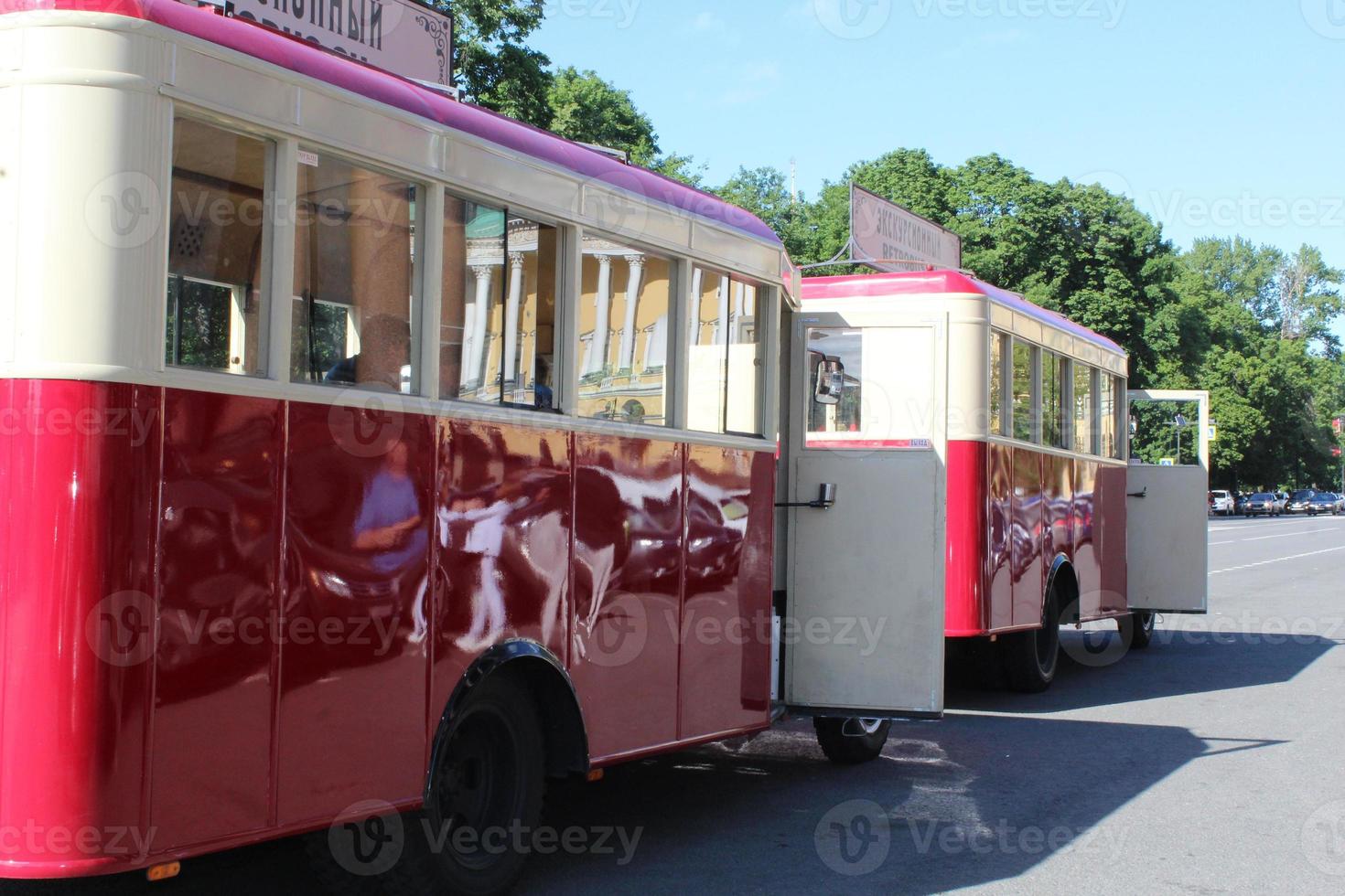 Touristic bus on street. City sightseeing Sankt Petersburg is a new official touristic bus service that shows the city. photo
