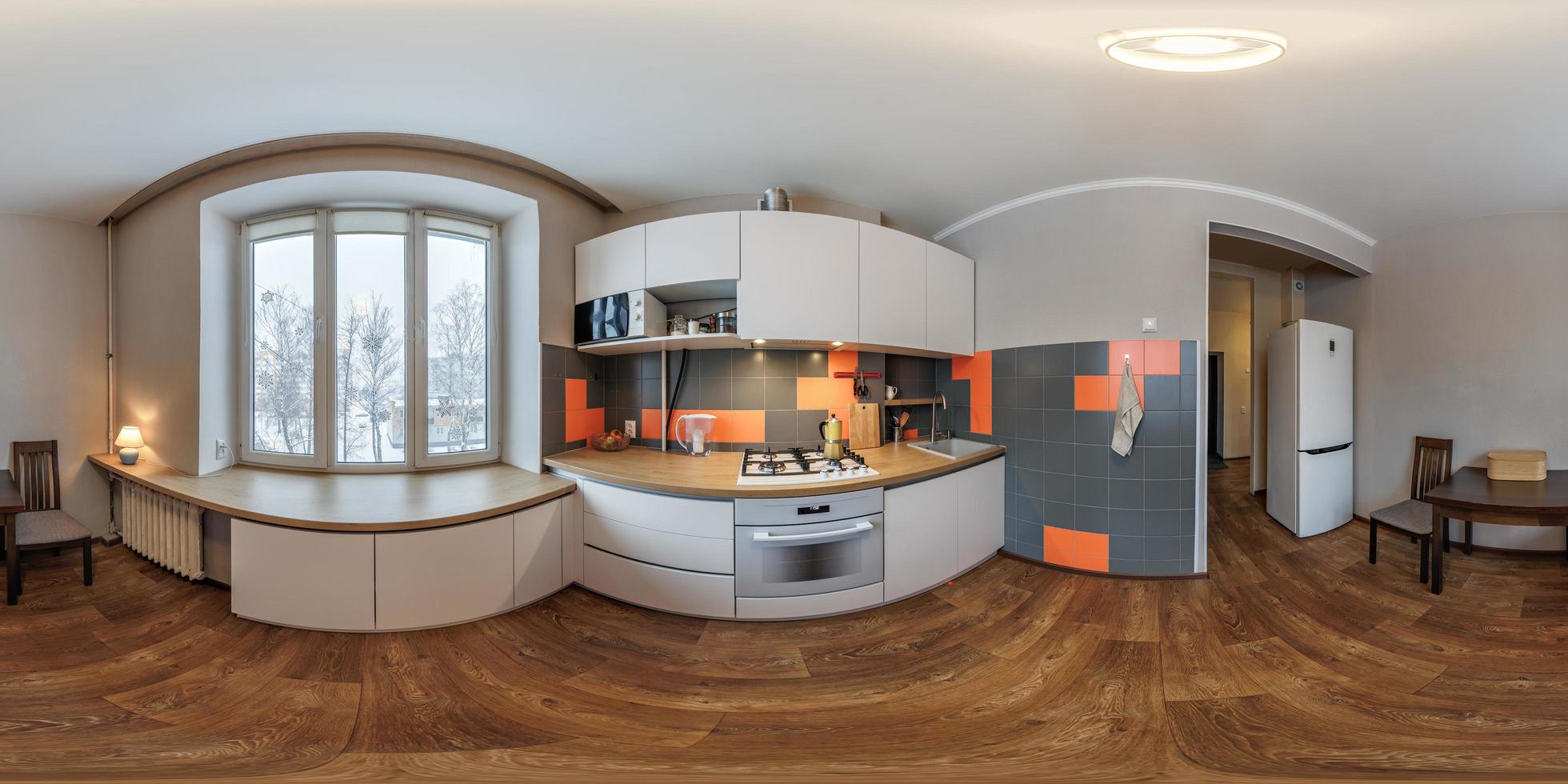 full seamless spherical hdri 360 panorama view in interior of small kitchen in modern flat apartments with furniture in equirectangular projection, VR content photo
