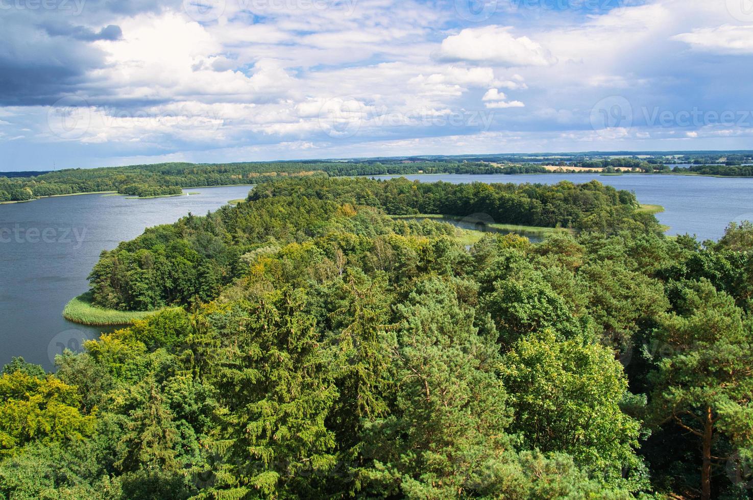 view of Krakow am See. Lakes landscape with dense forests on the shore. Vacation photo