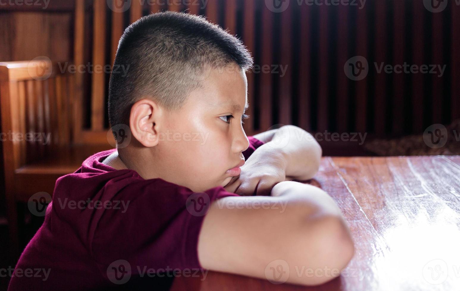 Portrait of a little Asian boy, Kid sad face, Unhappy child looking out, Emotion sad and sad face, depression children concept photo