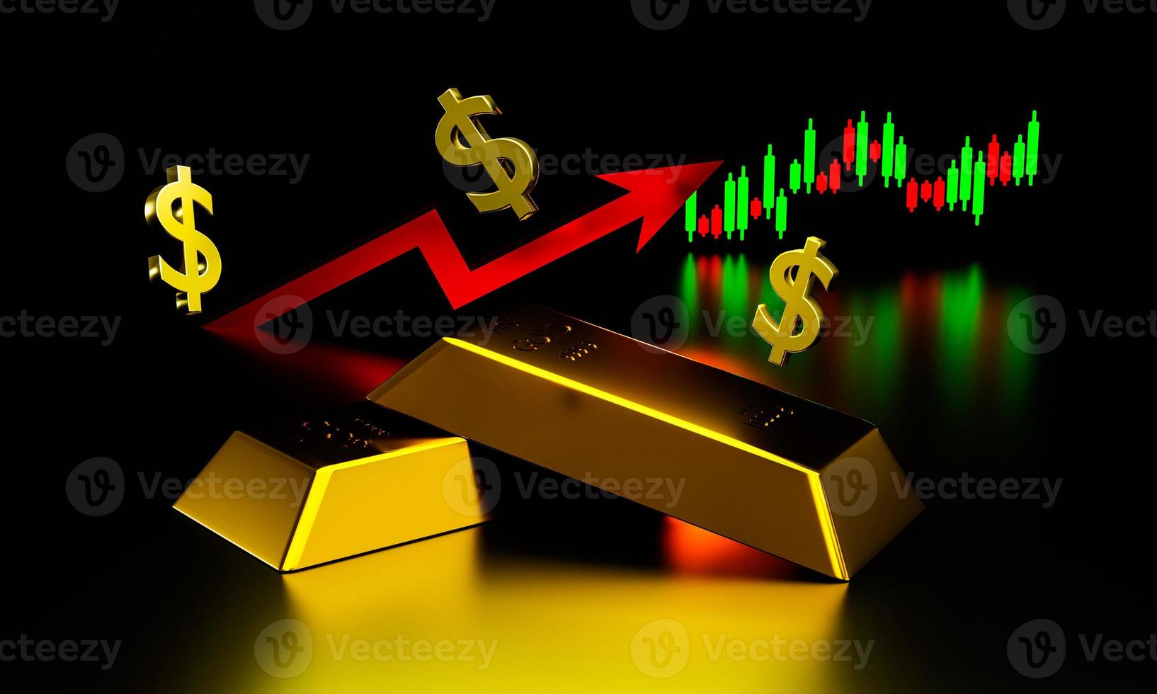 3d rendering Gold bars and dollar signs on black background concept forex trading in the investment of investors photo