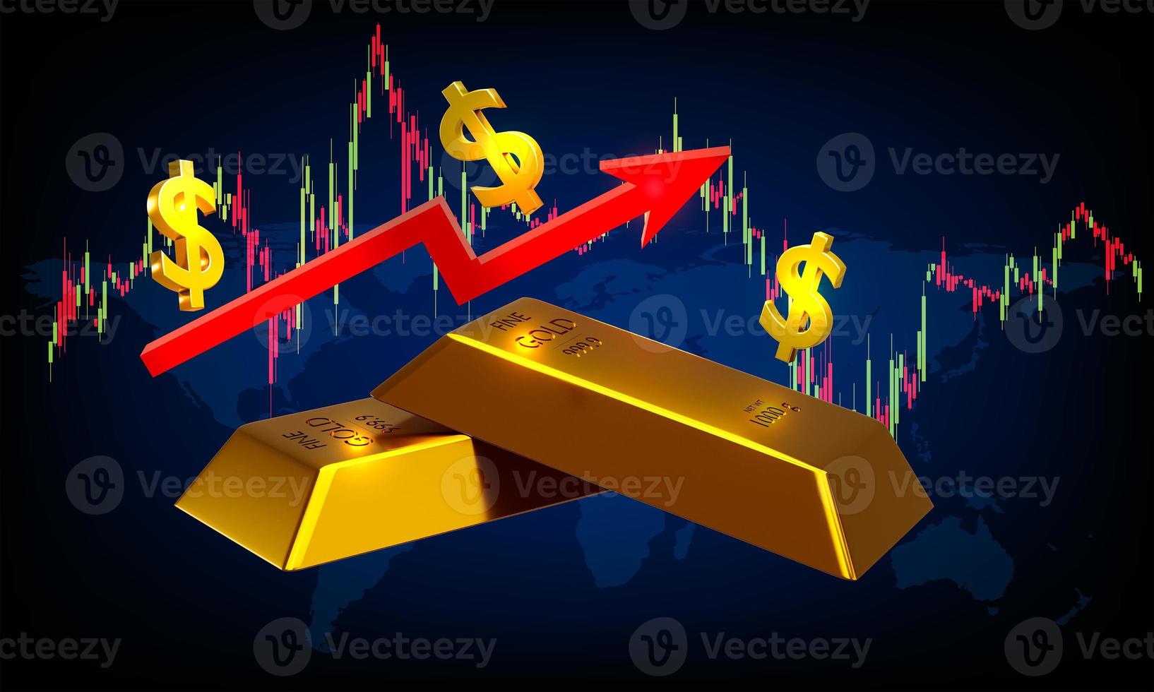 3d rendering Gold bars and dollar signs with red arrow up on world map background illustration concept forex trading in the investment of investors photo