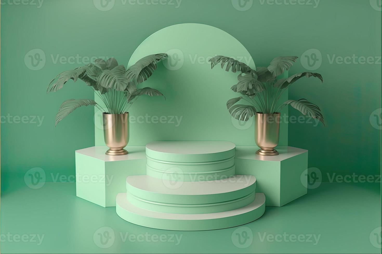 Ilustración realista en 3d de podio verde suave con hojas alrededor para el podio del producto foto