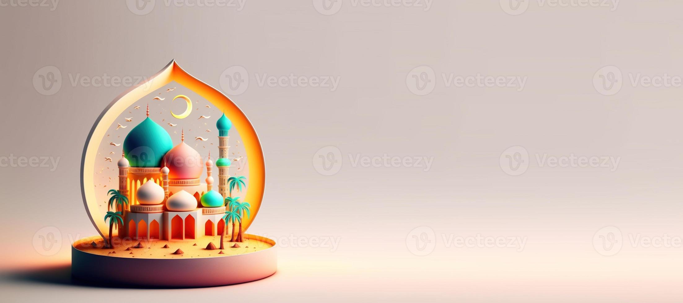 Digital Illustration of Mosque for Eid Ramadan Islmic Celebration Banner with Copy Space photo