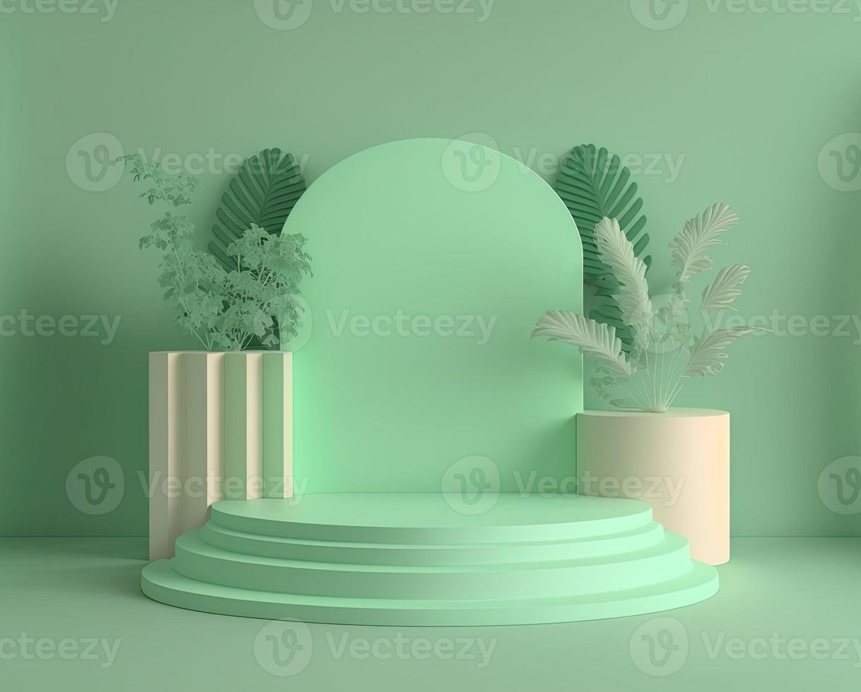 realistic 3d rendering illustration of soft green podium with leaves around for product showcase photo