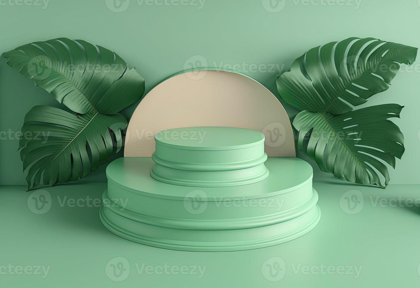 3d realistic illustration of soft green podium with leaf around for product stage photo