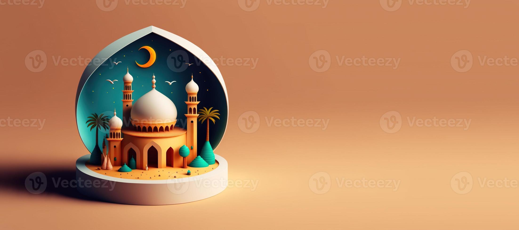 Mosque Digital 3D Illustration for Islamic Ramadan Banner with Copy Space photo