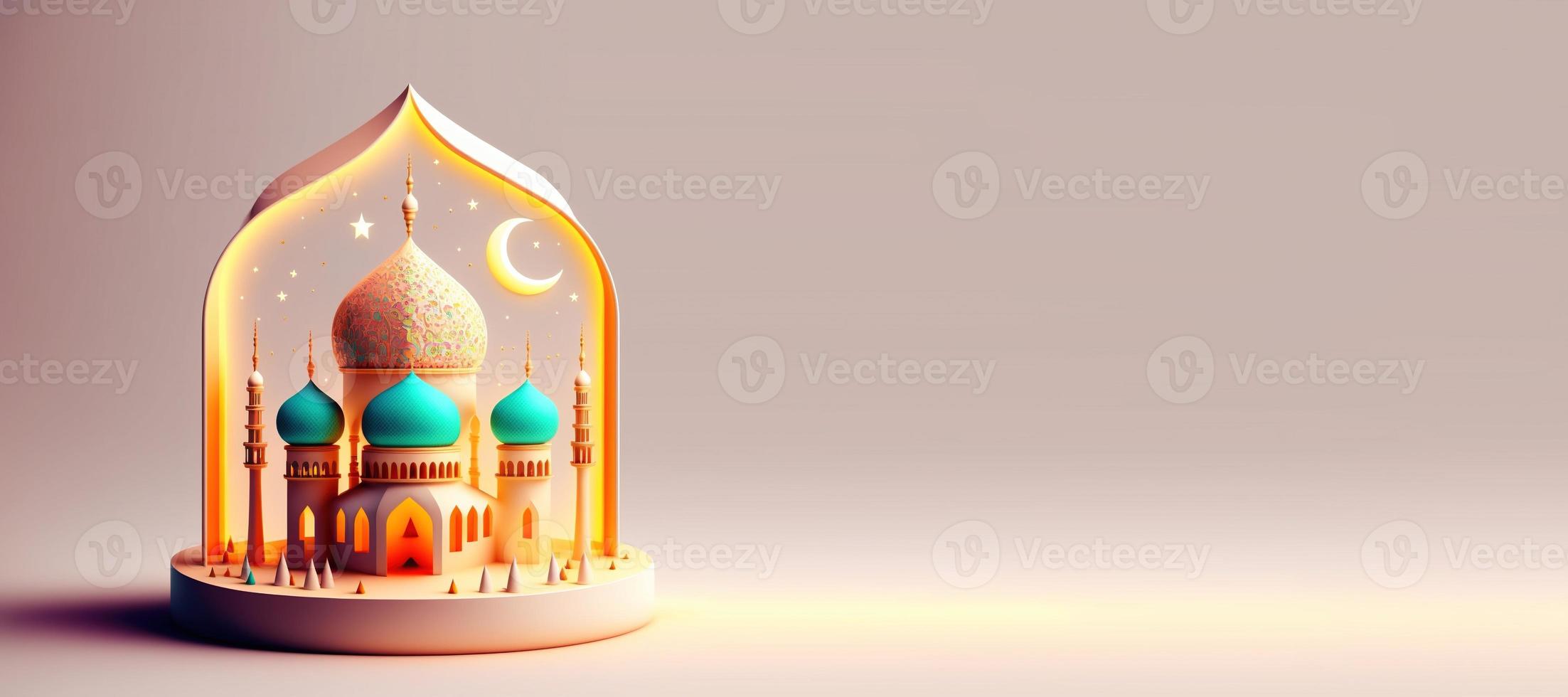 ilustración digital 3d de la mezquita para el saludo de celebración islámica de eid ramadan foto