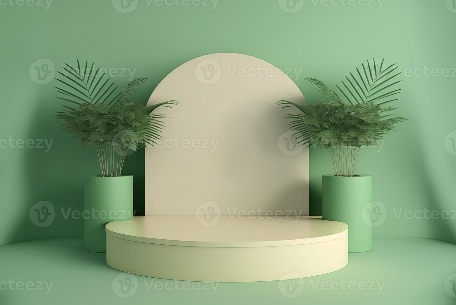 realistic 3d rendering illustration of soft green podium with leaf around for product podium photo