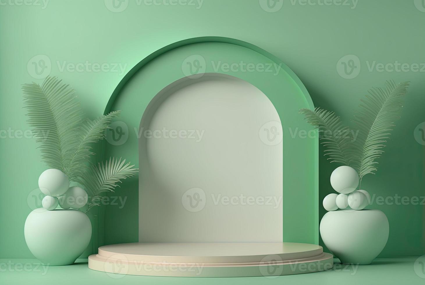 realistic 3d rendering illustration of pastel green podium with leaves around for product promotion photo