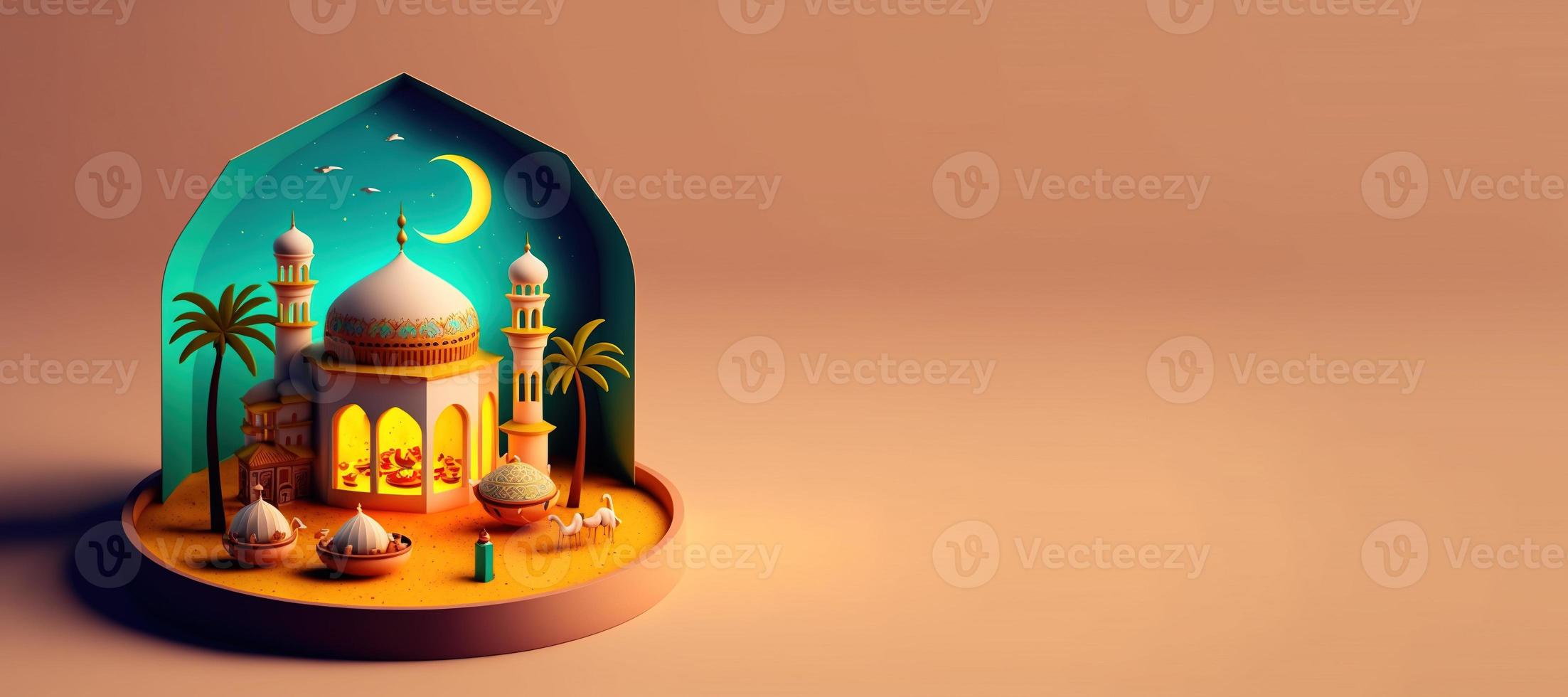 Digital 3D Illustration of Mosque for Islamic Ramadan Banner with Copy Space photo