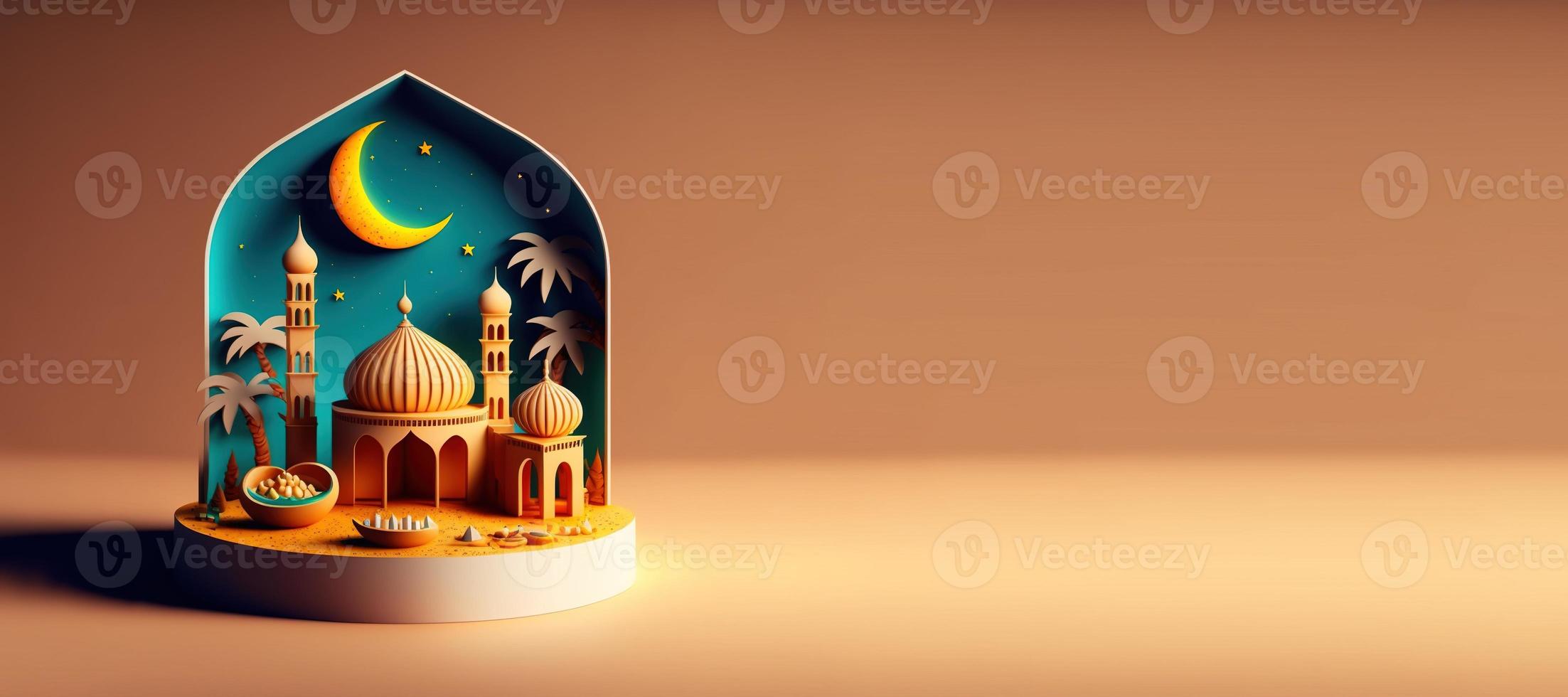 Mosque Digital Illustration for Eid Islamic Ramadan Banner with Copy Space photo