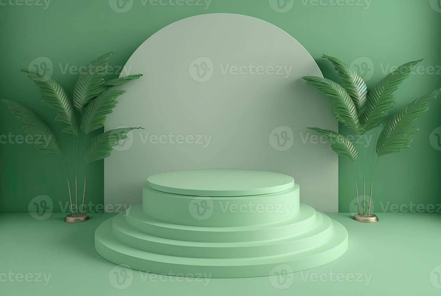 realistic 3d rendering illustration of soft green podium with leaves around for product promotion photo