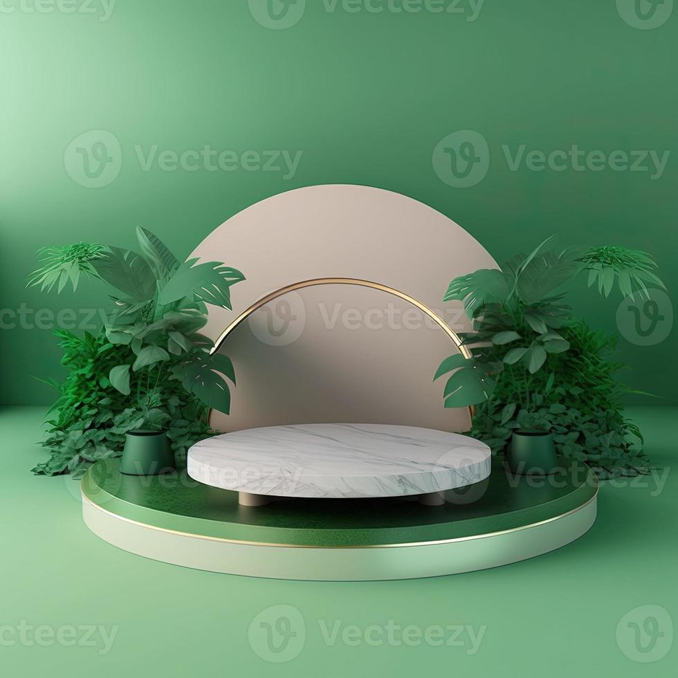 Realistic Natural 3D Podium with soft Green for product stand photo
