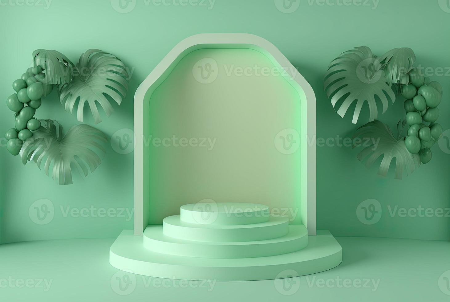ilustración realista en 3d de podio verde pastel con decoración de hojas para exhibición de productos foto