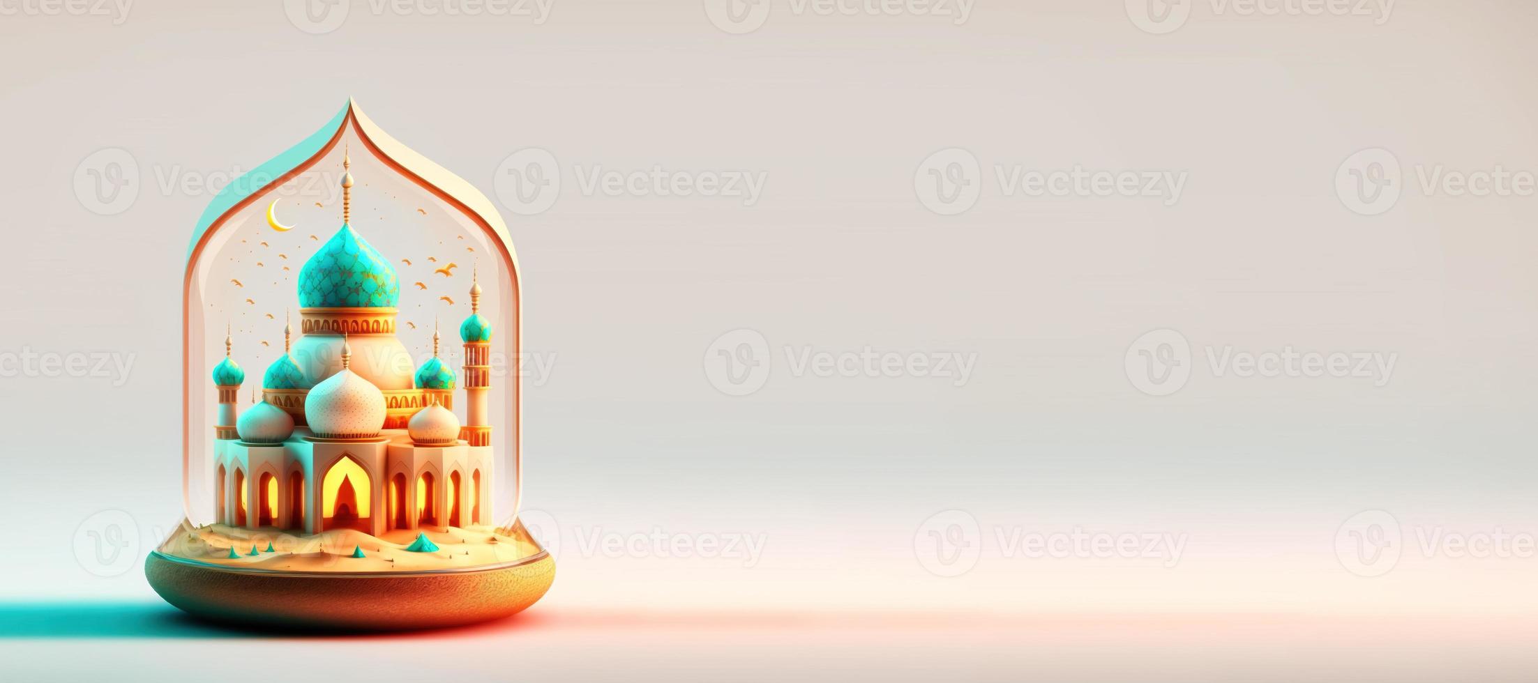 3D Illustration of Mosque for Eid Ramadan Islmic Celebration Banner with Copy Space photo